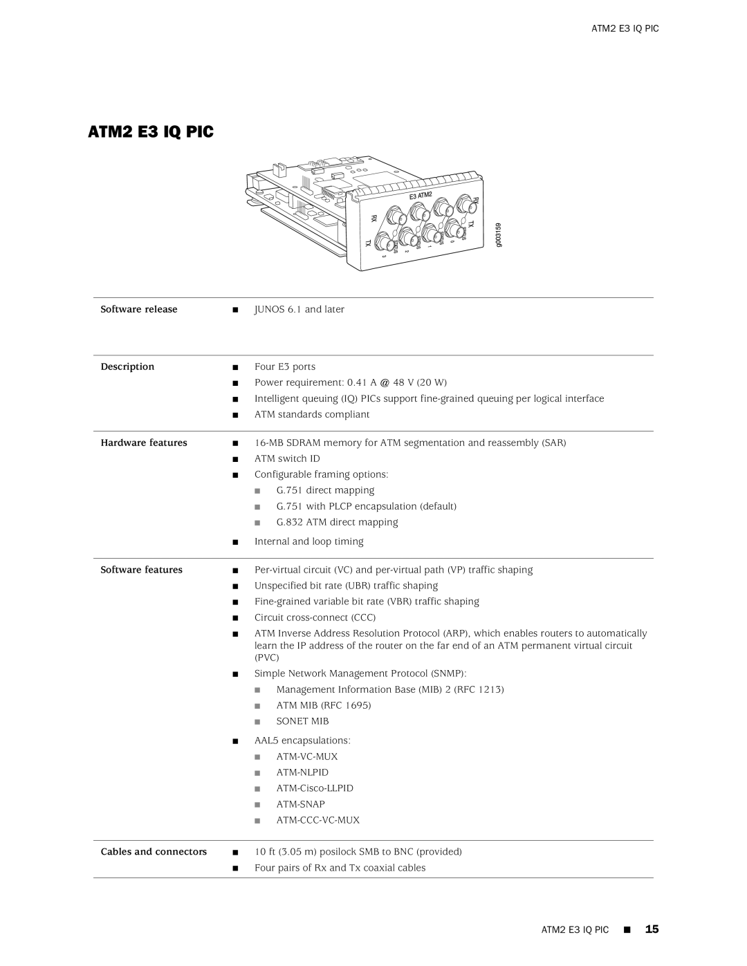 Juniper Networks M20 manual ATM2 E3 IQ PIC, Cables and connectors 