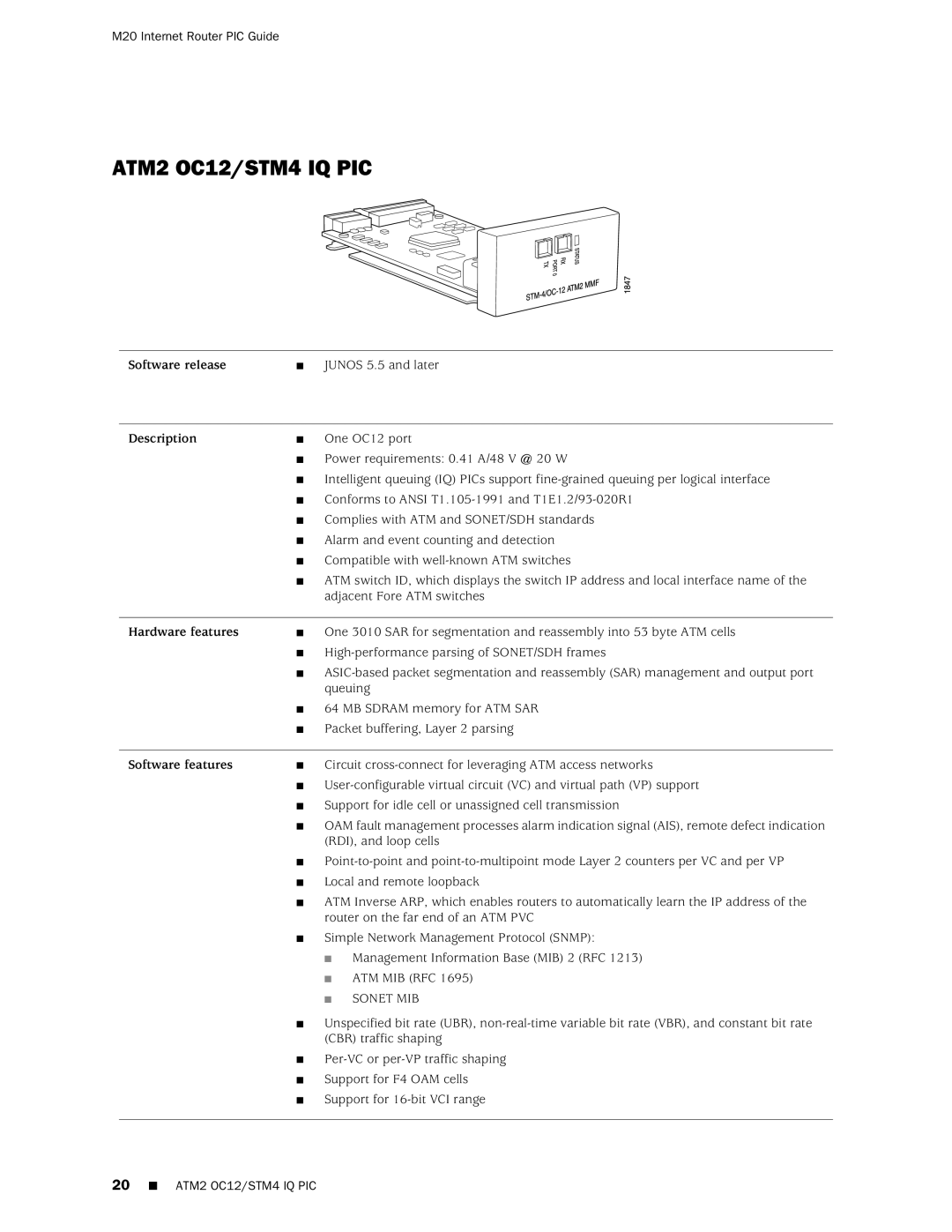 Juniper Networks M20 manual ATM2 OC12/STM4 IQ PIC 