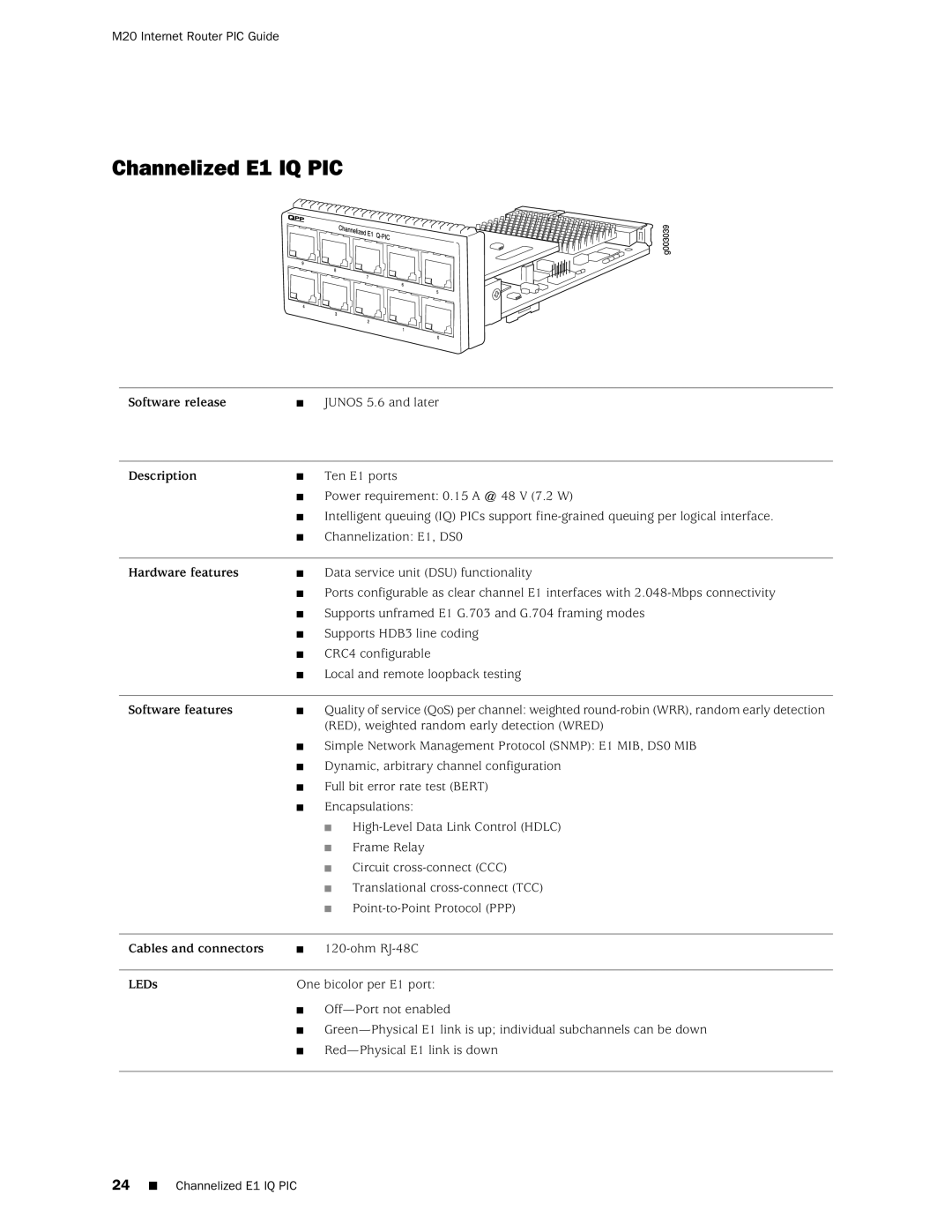 Juniper Networks M20 manual Channelized E1 IQ PIC 