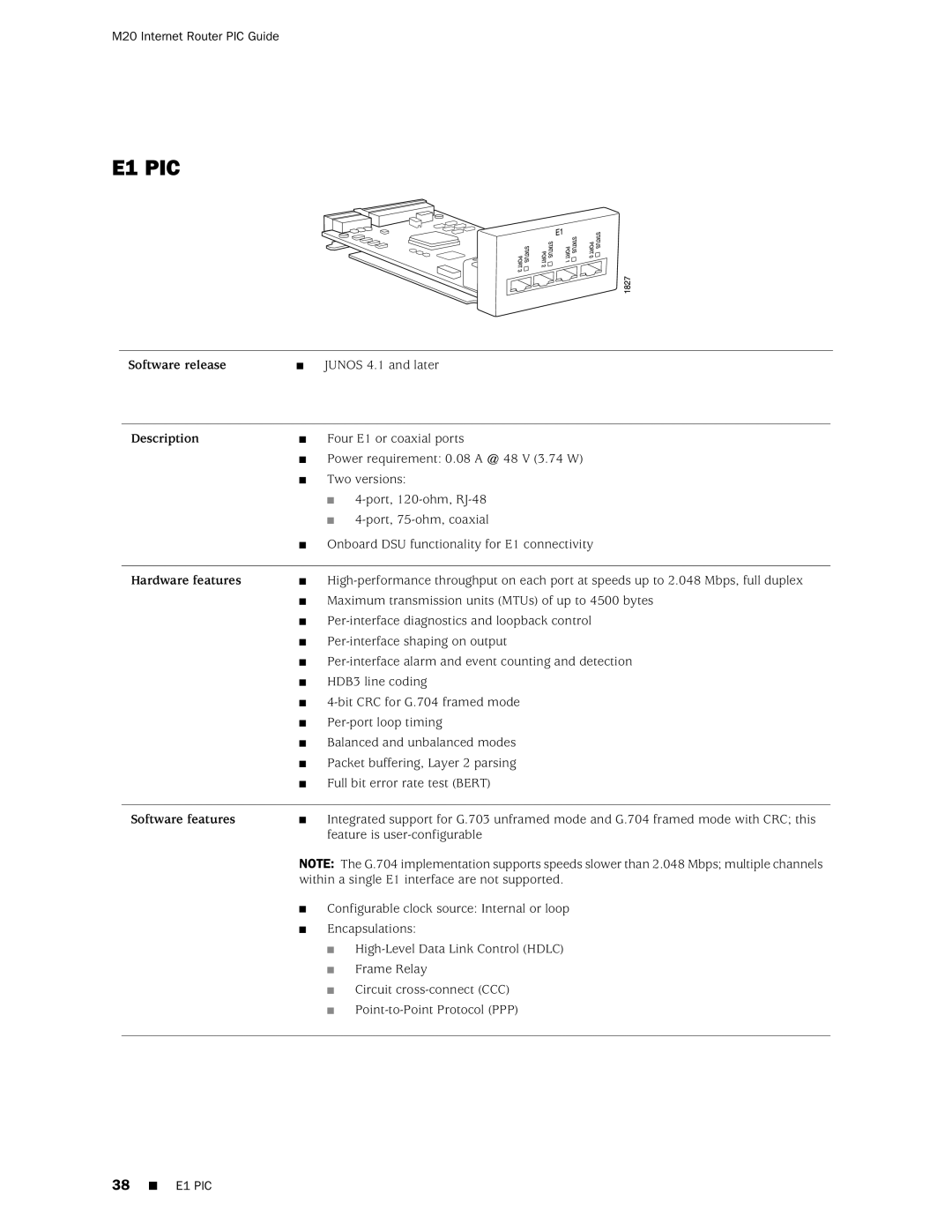 Juniper Networks M20 manual E1 PIC 