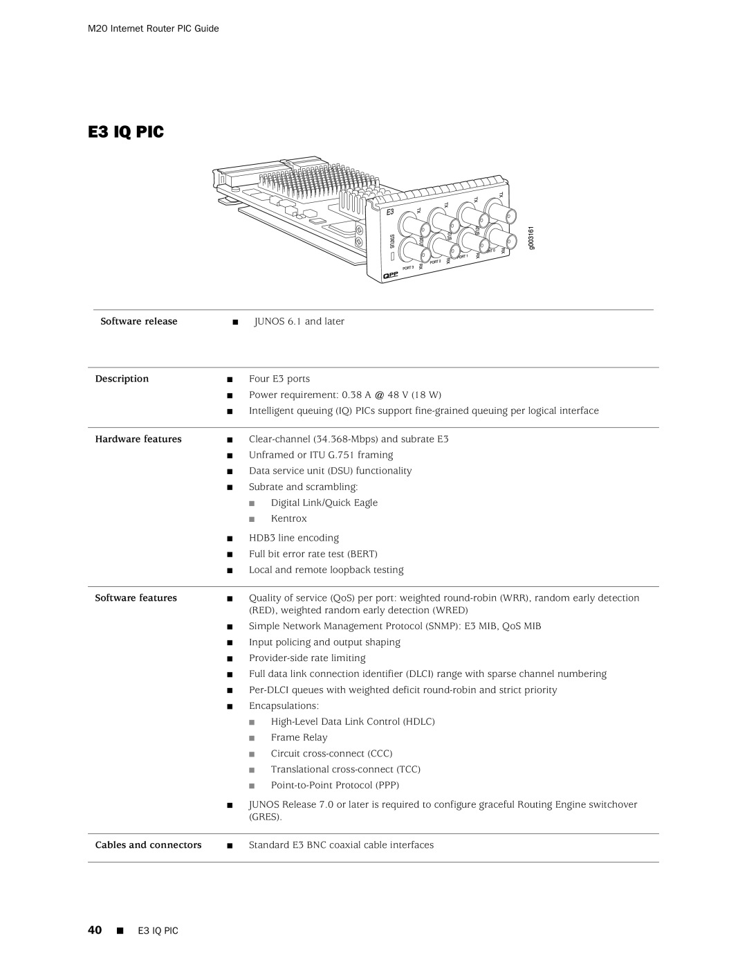 Juniper Networks M20 manual E3 IQ PIC 