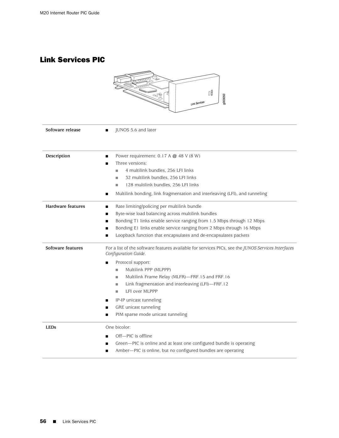 Juniper Networks M20 manual Link Services PIC 