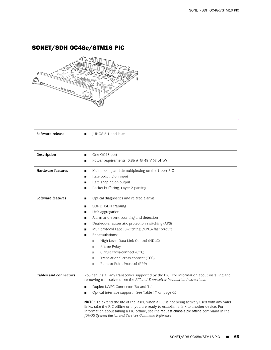 Juniper Networks M20 manual SONET/SDH OC48c/STM16 PIC 