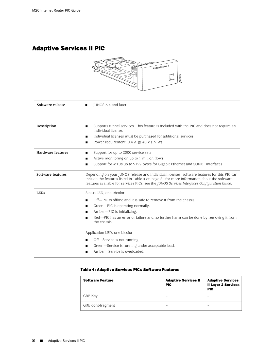 Juniper Networks M20 manual Adaptive Services II PIC, Adaptive Services PICs Software Features 