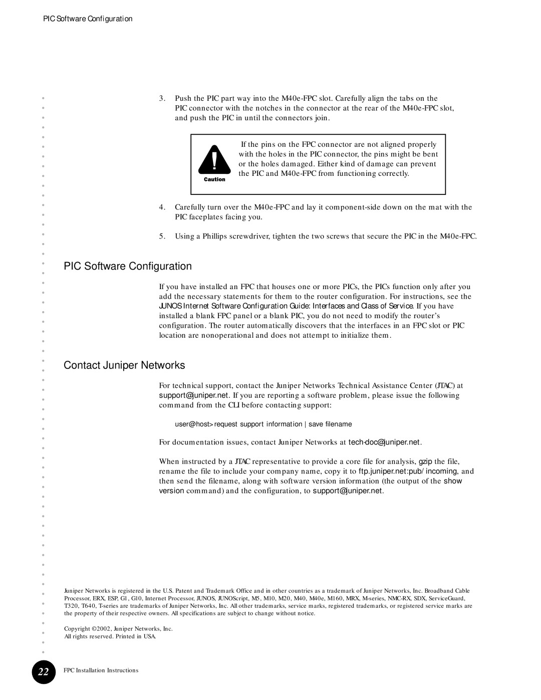 Juniper Networks M40e installation instructions PIC Software Configuration 