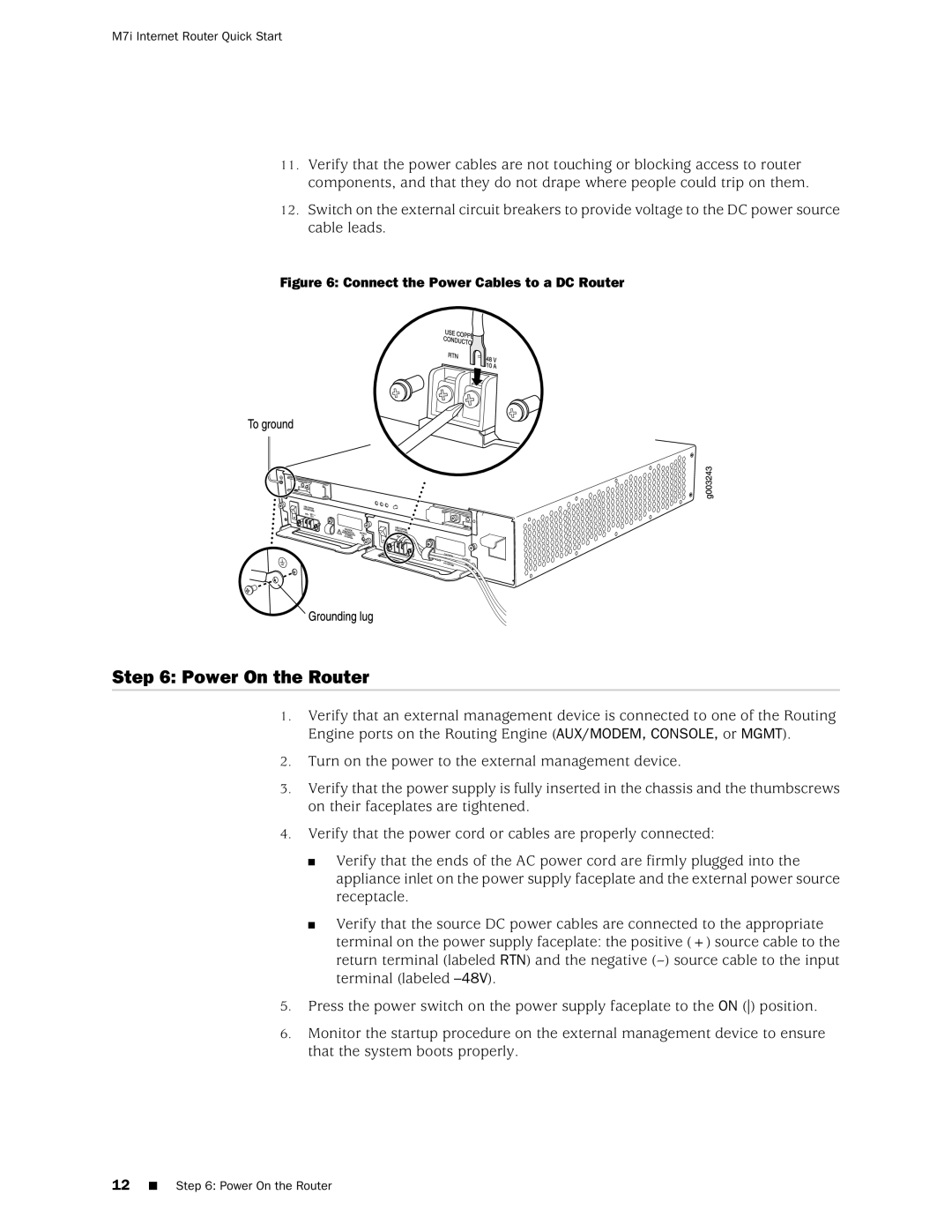 Juniper Networks M7i quick start Power On the Router, Connect the Power Cables to a DC Router 