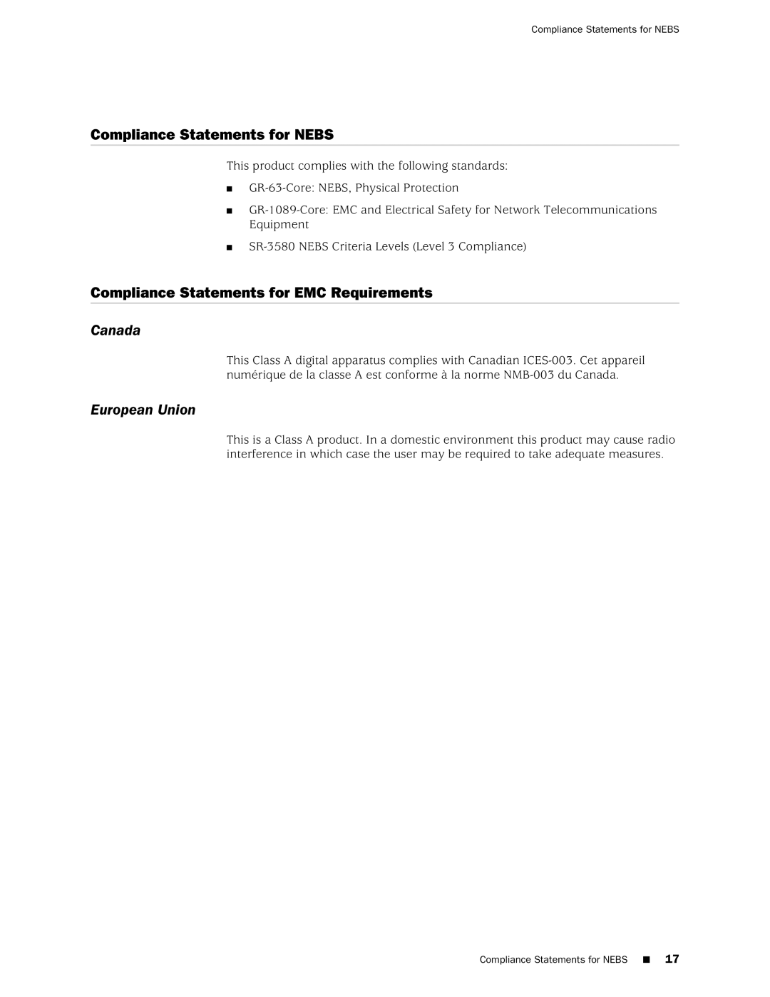 Juniper Networks M7i Compliance Statements for Nebs, Compliance Statements for EMC Requirements, Canada, European Union 