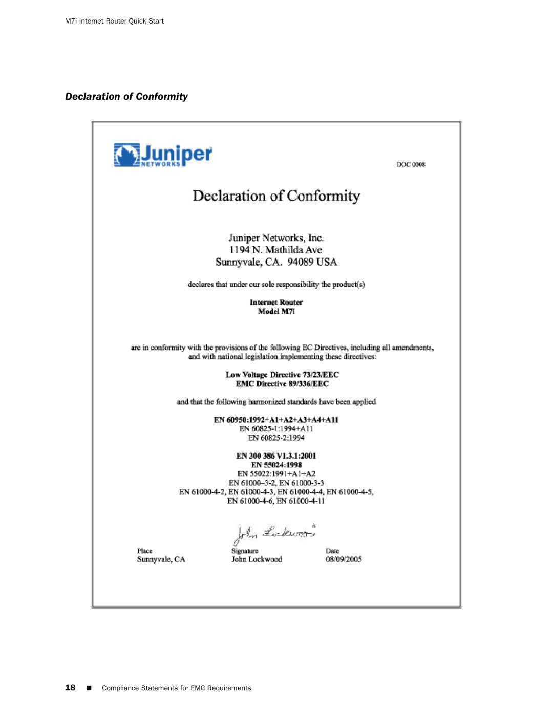 Juniper Networks M7i quick start Declaration of Conformity 