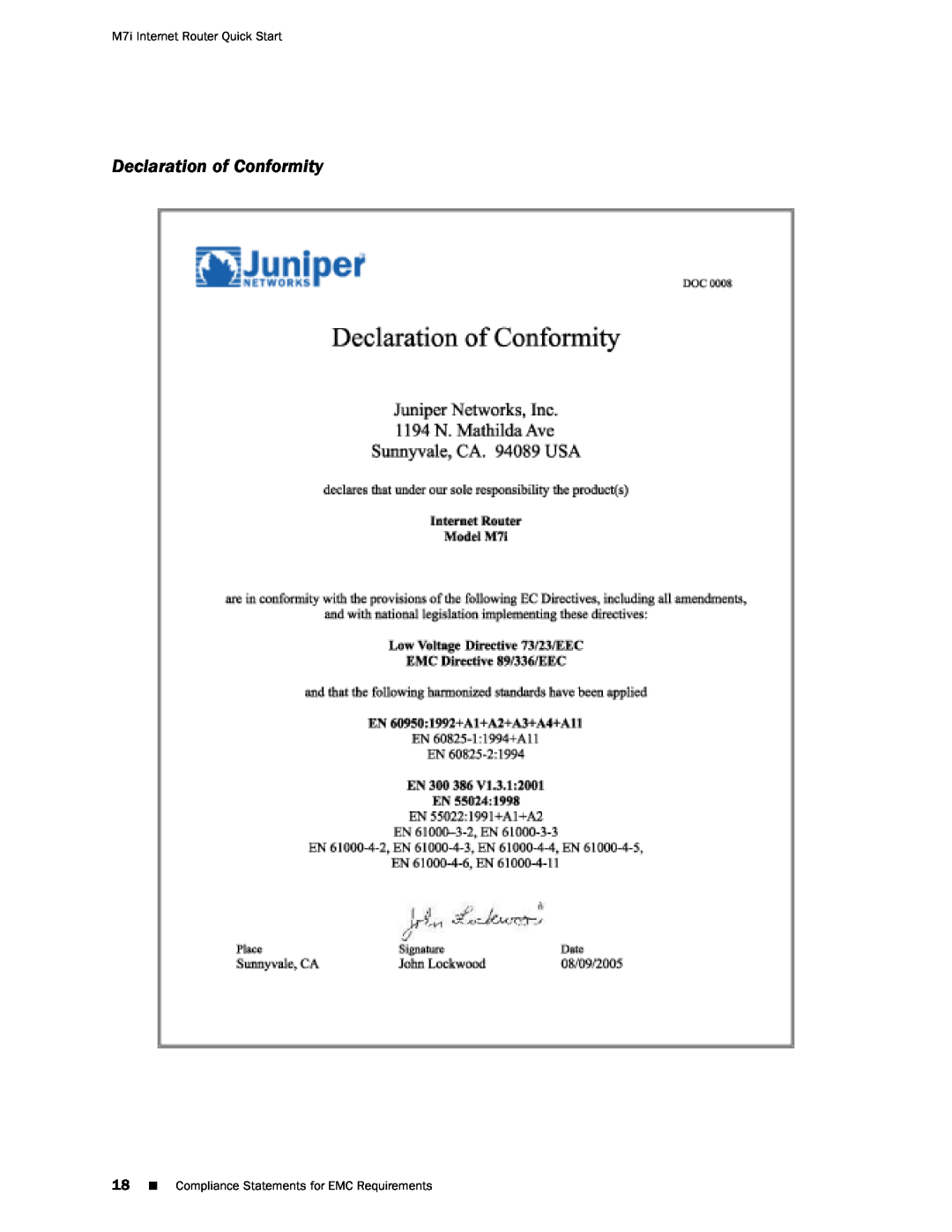 Juniper Networks Declaration of Conformity, M7i Internet Router Quick Start, Compliance Statements for EMC Requirements 