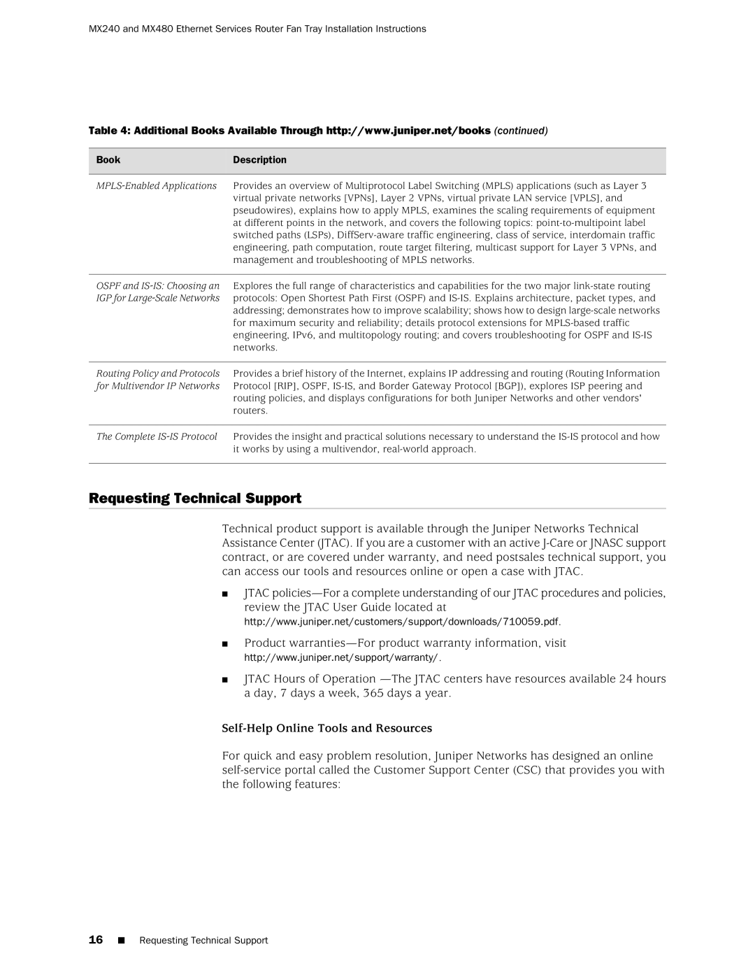 Juniper Networks MX240, MX480 installation instructions Requesting Technical Support, Self-Help Online Tools and Resources 