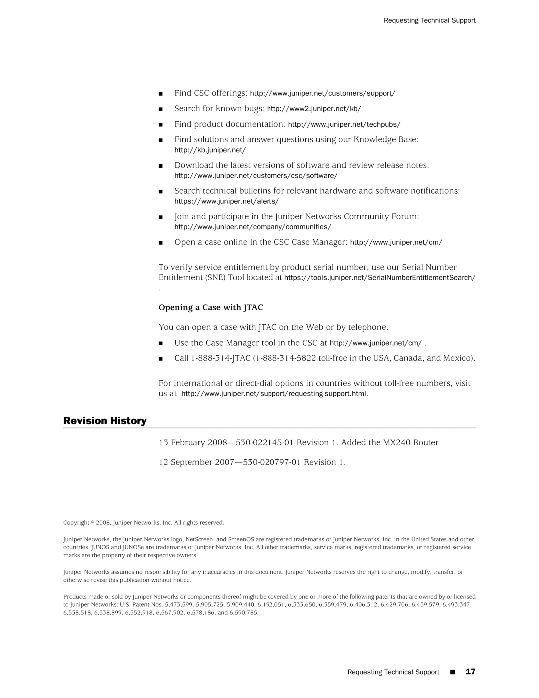 Juniper Networks MX480, MX240 installation instructions Revision History, Opening a Case with Jtac 