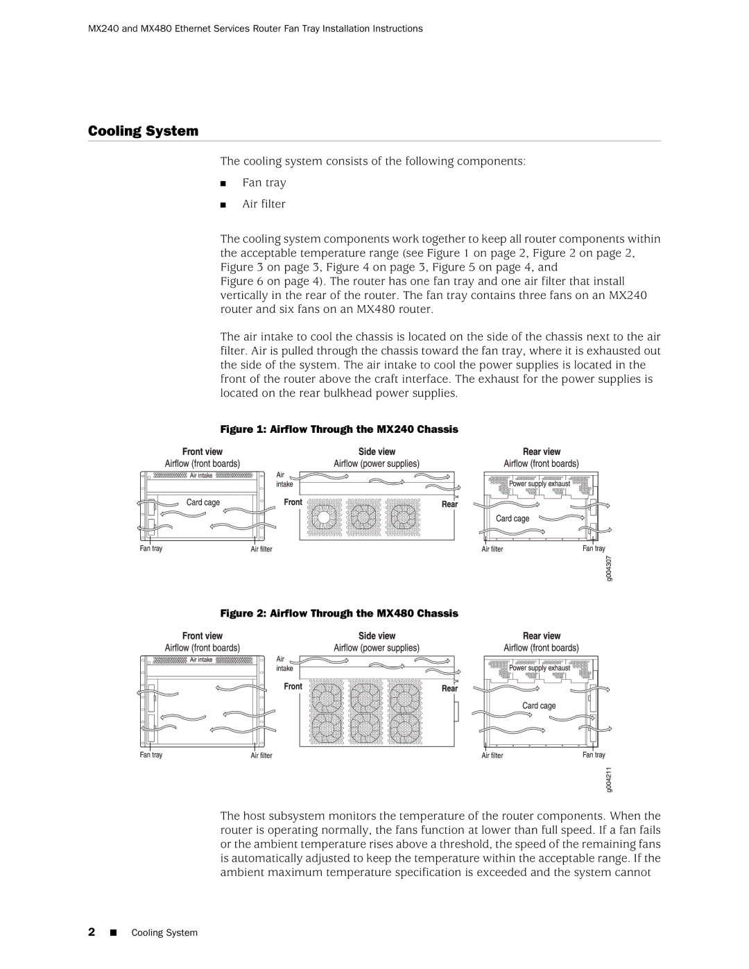 Juniper Networks MX480 installation instructions Cooling System, Airflow Through the MX240 Chassis 