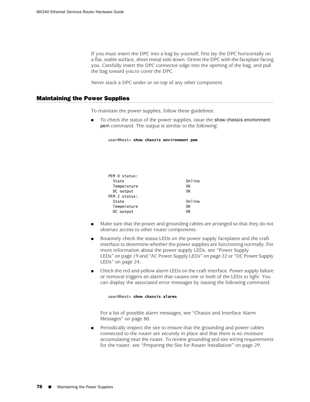 Juniper Networks MX240 manual Maintaining the Power Supplies 