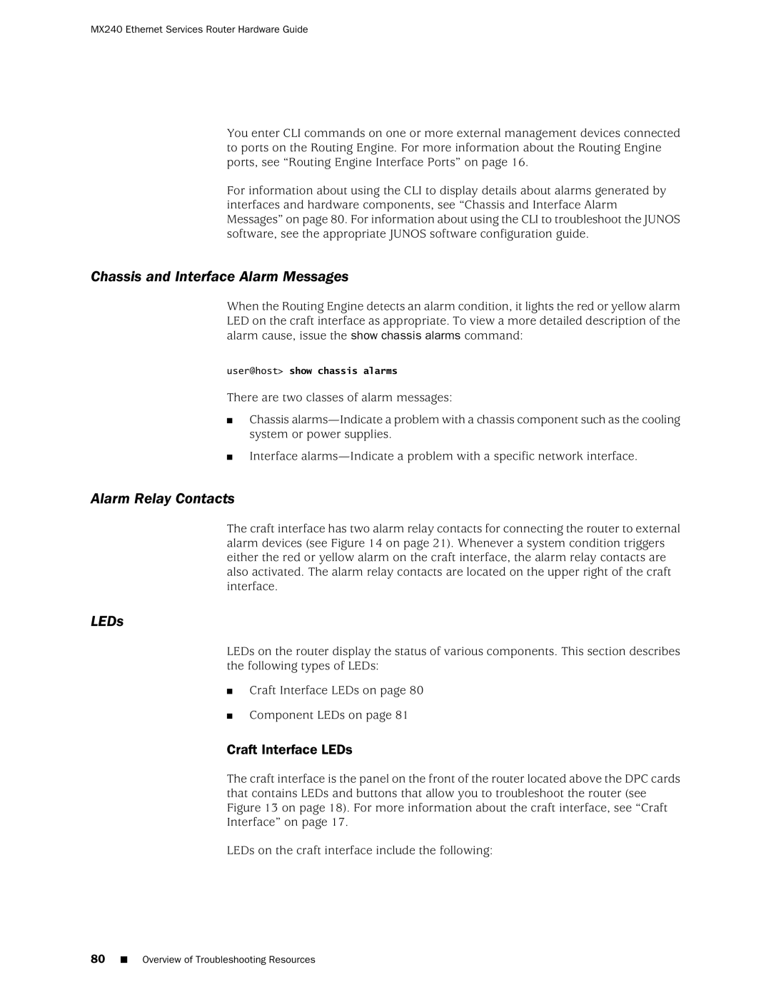 Juniper Networks MX240 manual Chassis and Interface Alarm Messages, Craft Interface LEDs 