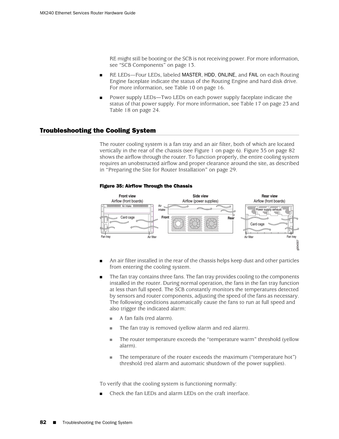 Juniper Networks MX240 manual Troubleshooting the Cooling System, Airflow Through the Chassis 