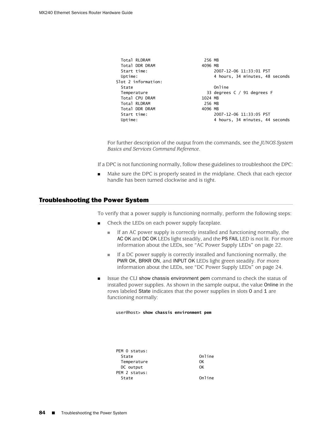 Juniper Networks MX240 manual Troubleshooting the Power System, Basics and Services Command Reference 