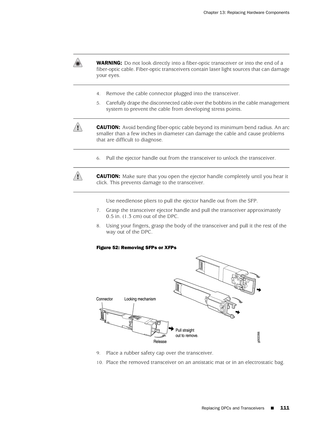 Juniper Networks MX240 manual Removing SFPs or XFPs 