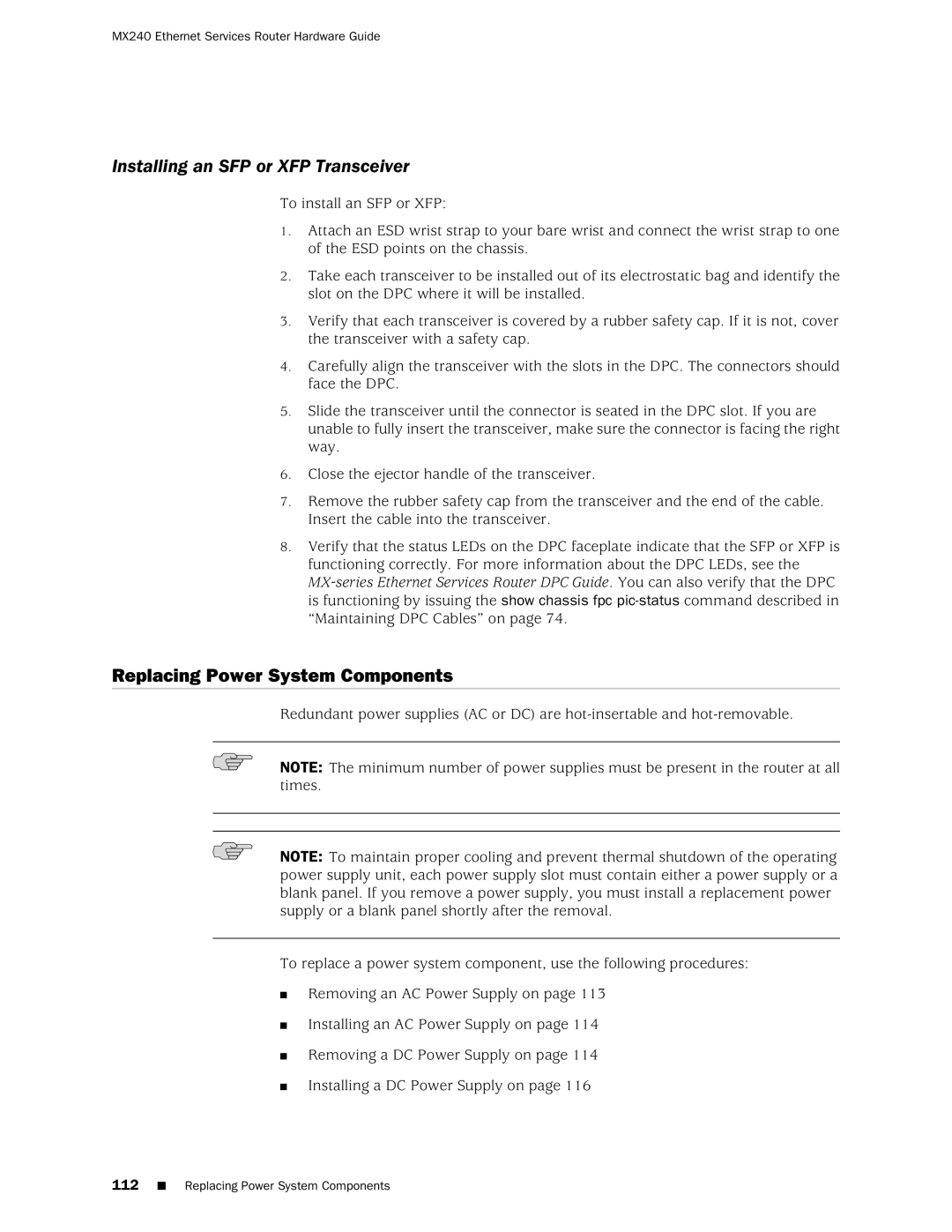 Juniper Networks MX240 manual Installing an SFP or XFP Transceiver, Replacing Power System Components 