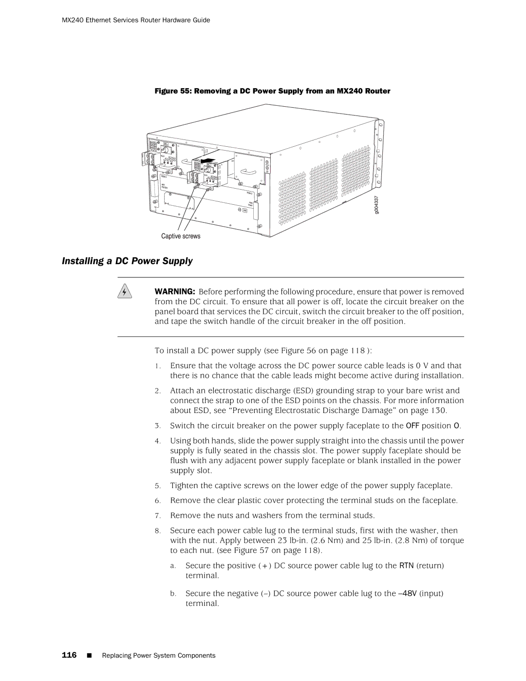 Juniper Networks manual Installing a DC Power Supply, Removing a DC Power Supply from an MX240 Router 