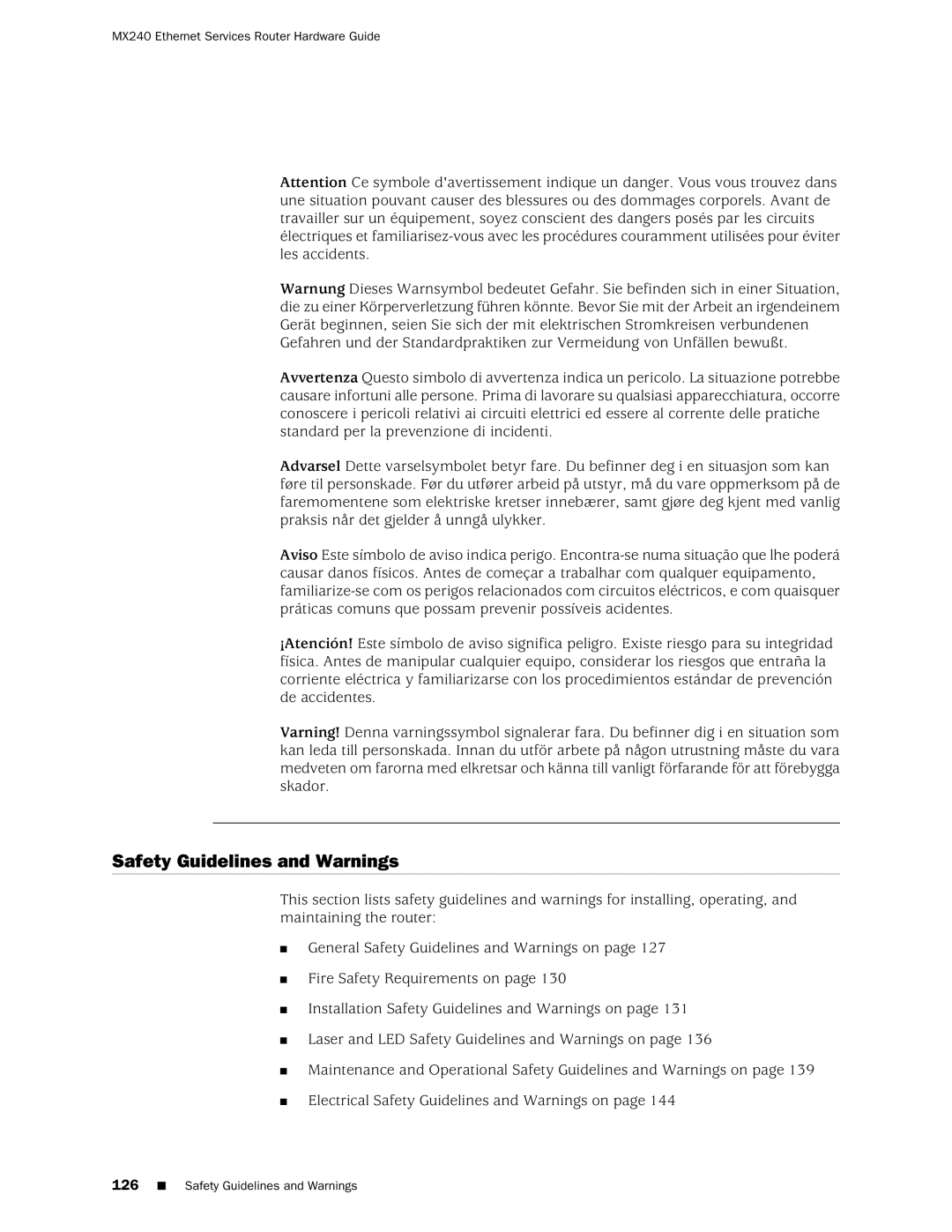 Juniper Networks MX240 manual Safety Guidelines and Warnings 