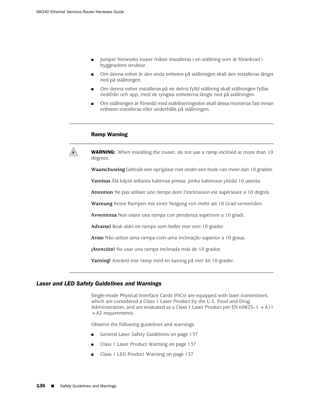 Juniper Networks MX240 manual Laser and LED Safety Guidelines and Warnings, Ramp Warning 