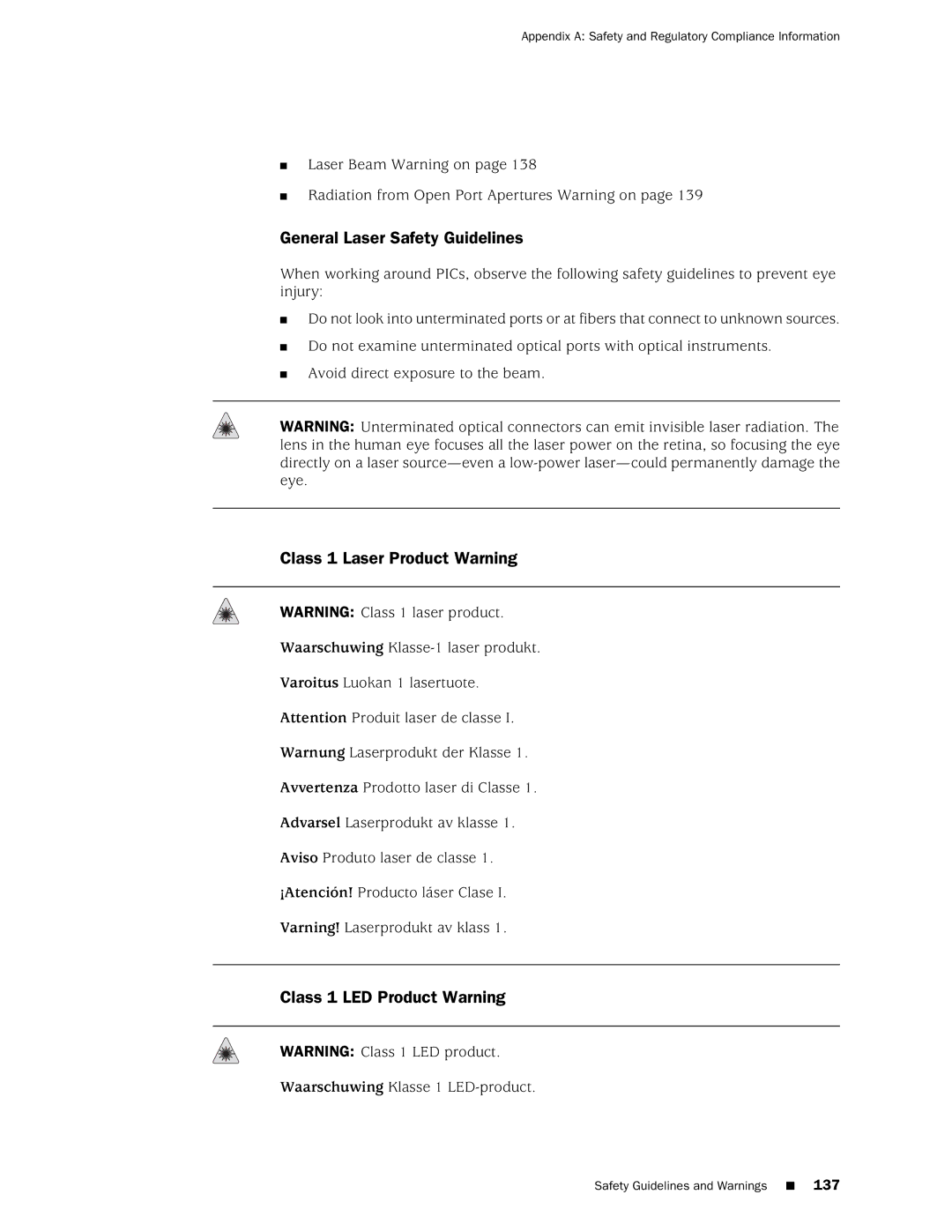 Juniper Networks MX240 manual General Laser Safety Guidelines, Class 1 Laser Product Warning Class 1 LED Product Warning 