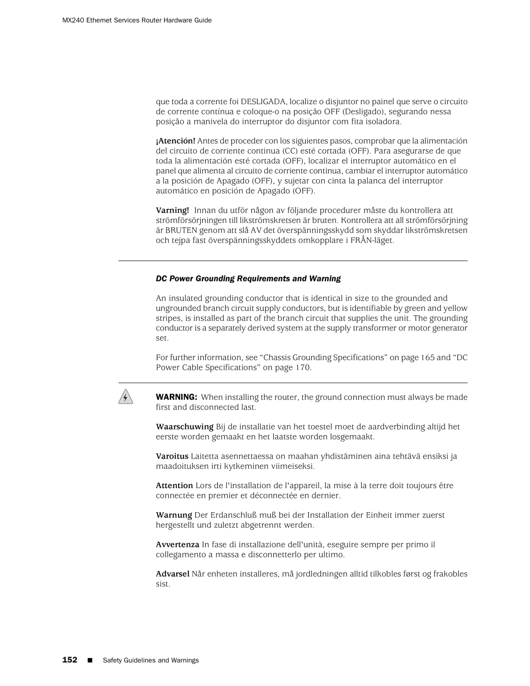 Juniper Networks MX240 manual DC Power Grounding Requirements and Warning 