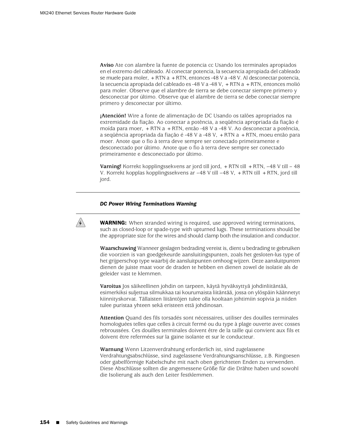 Juniper Networks MX240 manual DC Power Wiring Terminations Warning 