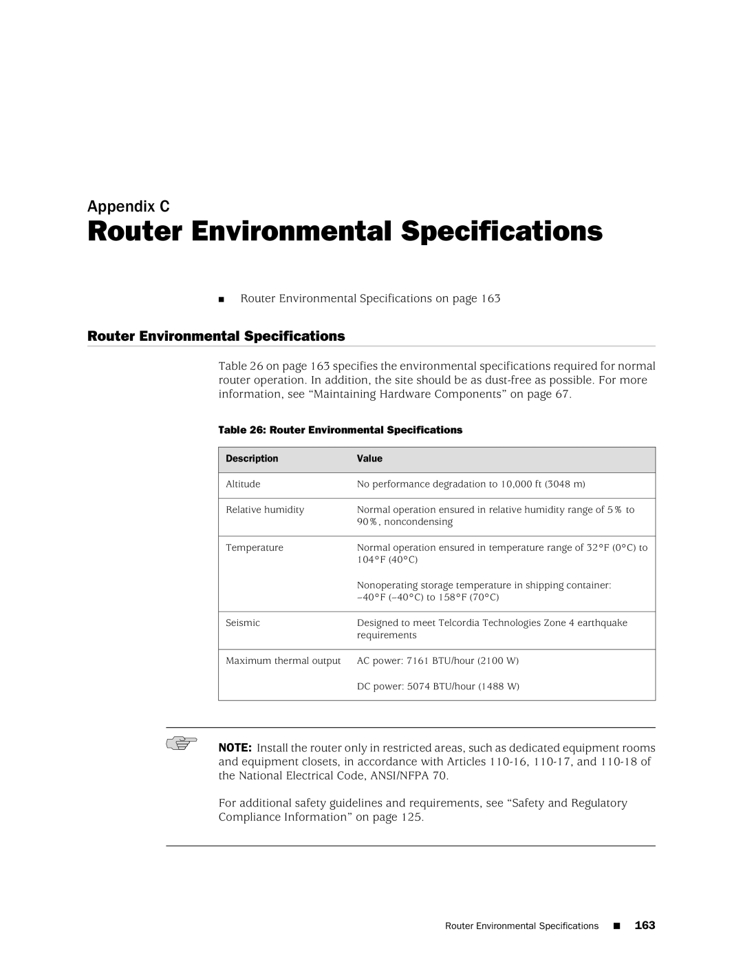 Juniper Networks MX240 manual Router Environmental Specifications 