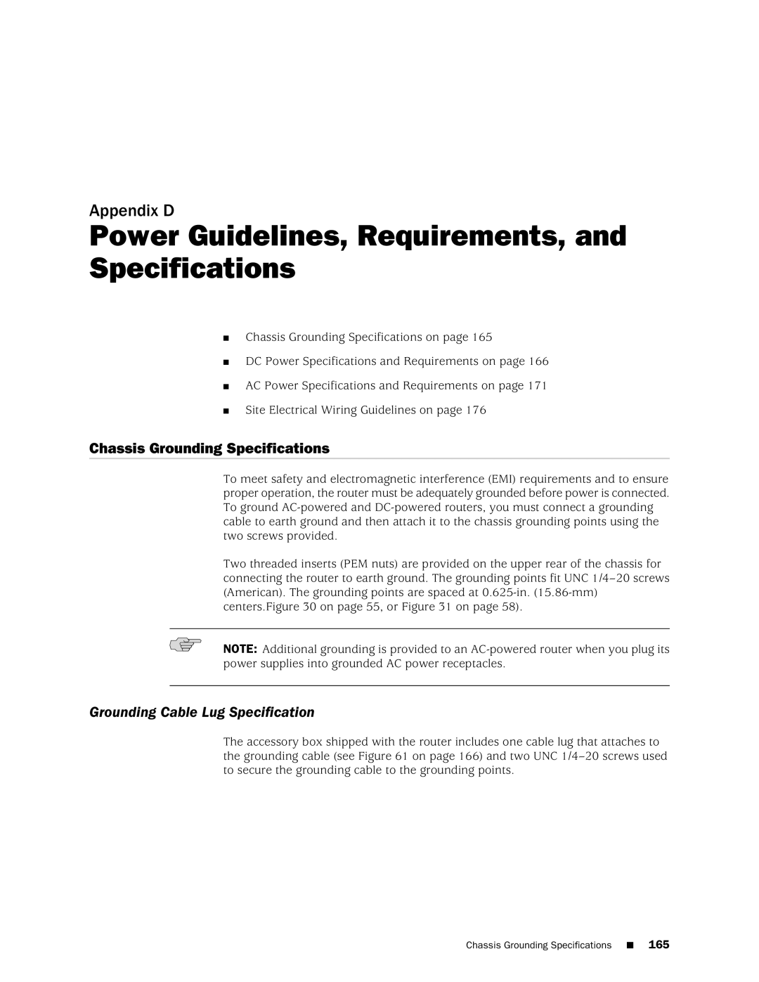 Juniper Networks MX240 manual Power Guidelines, Requirements, and Specifications, Chassis Grounding Specifications 