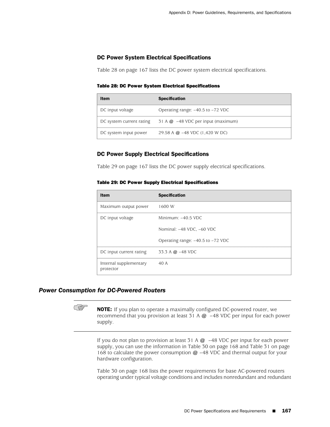 Juniper Networks MX240 manual Power Consumption for DC-Powered Routers, DC Power System Electrical Specifications 