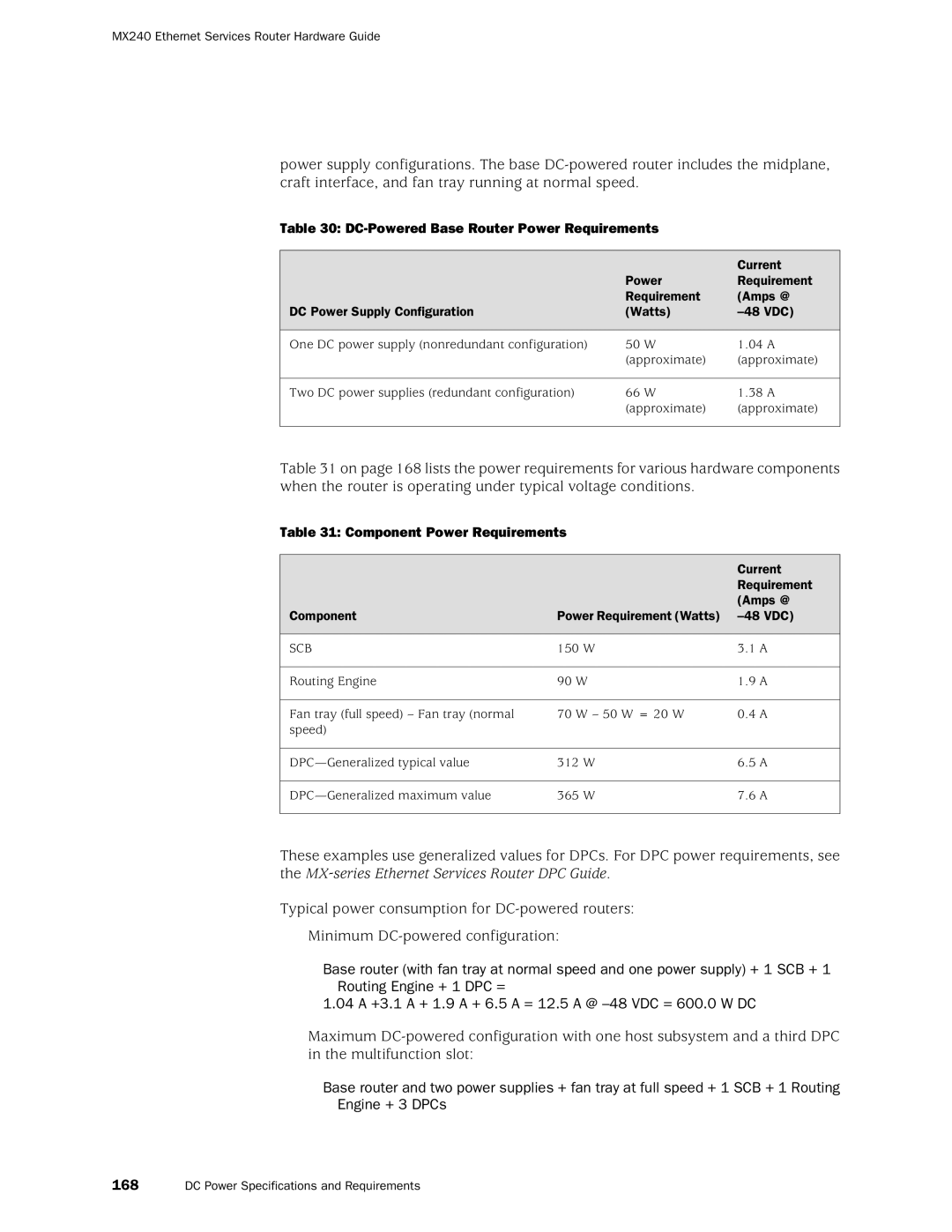 Juniper Networks MX240 manual DC-Powered Base Router Power Requirements, Component Power Requirements 