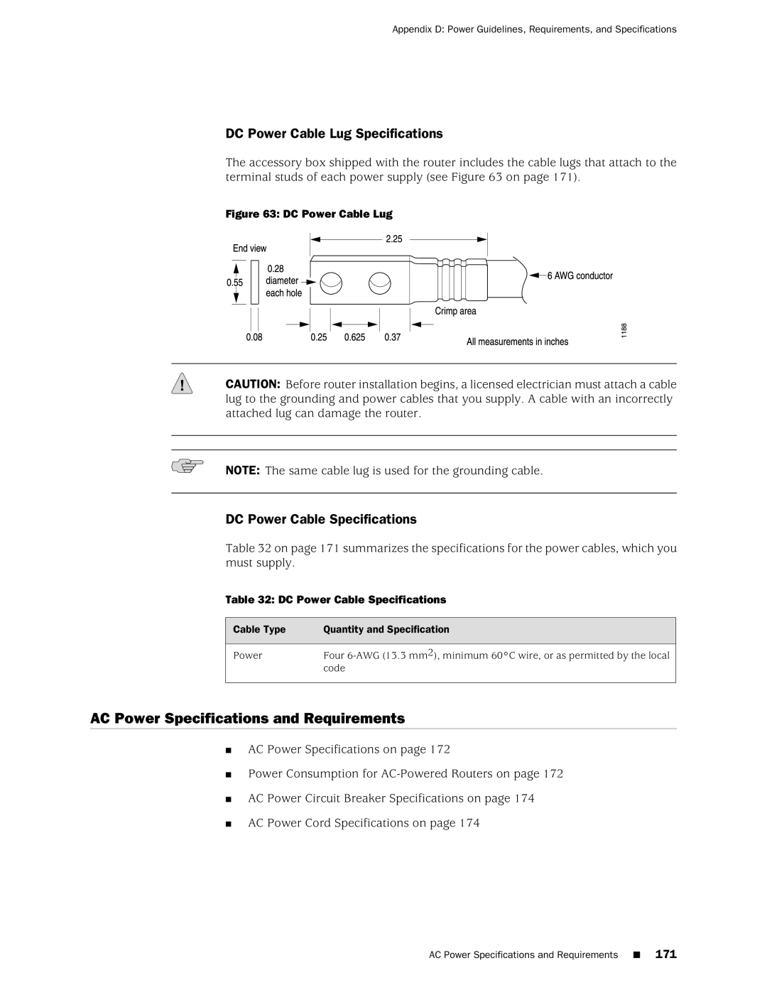 Juniper Networks MX240 manual AC Power Specifications and Requirements, DC Power Cable Lug Specifications 