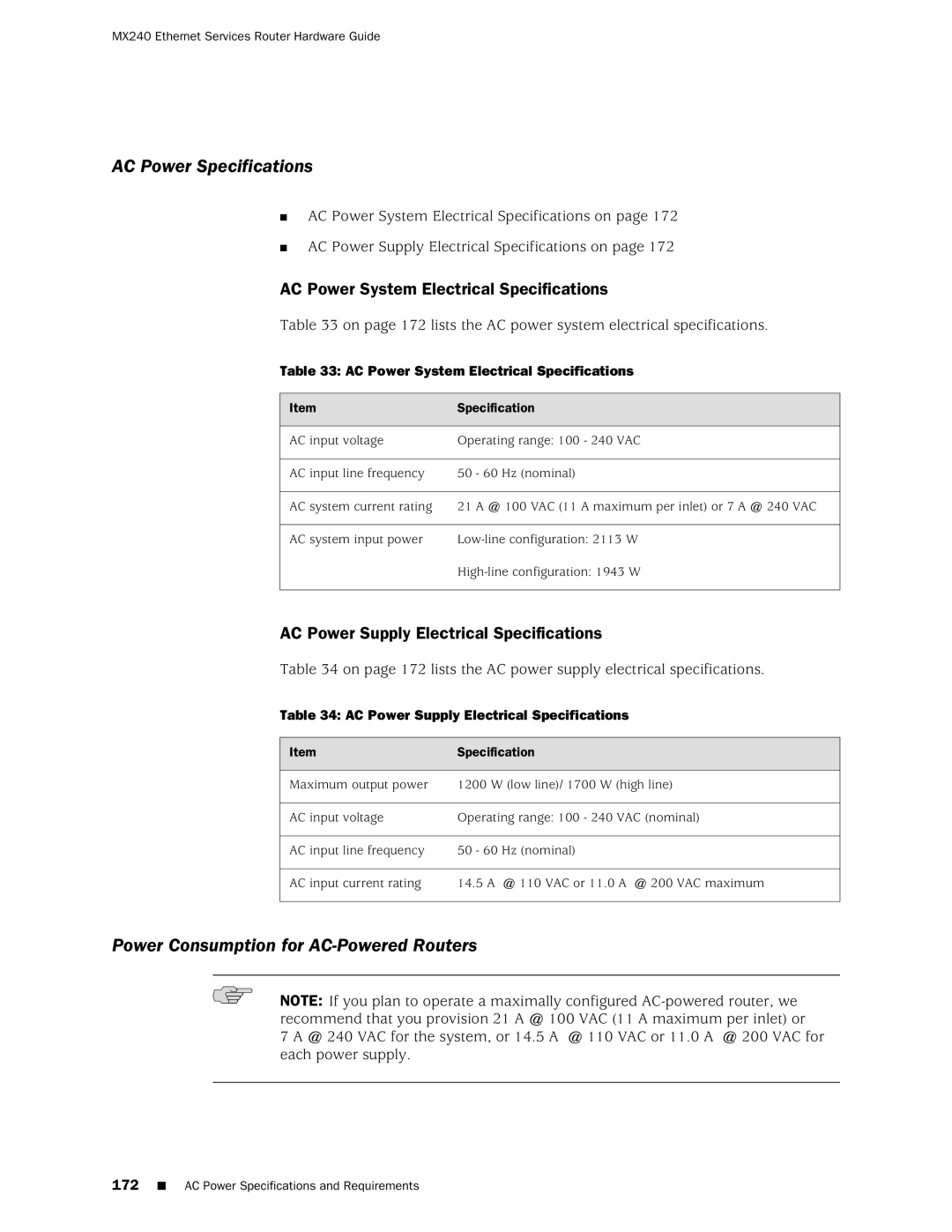 Juniper Networks MX240 manual AC Power Specifications, Power Consumption for AC-Powered Routers 