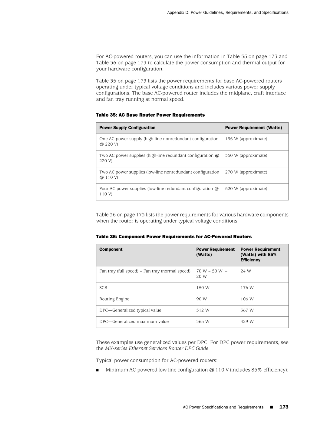 Juniper Networks MX240 manual AC Base Router Power Requirements, Component Power Requirements for AC-Powered Routers 