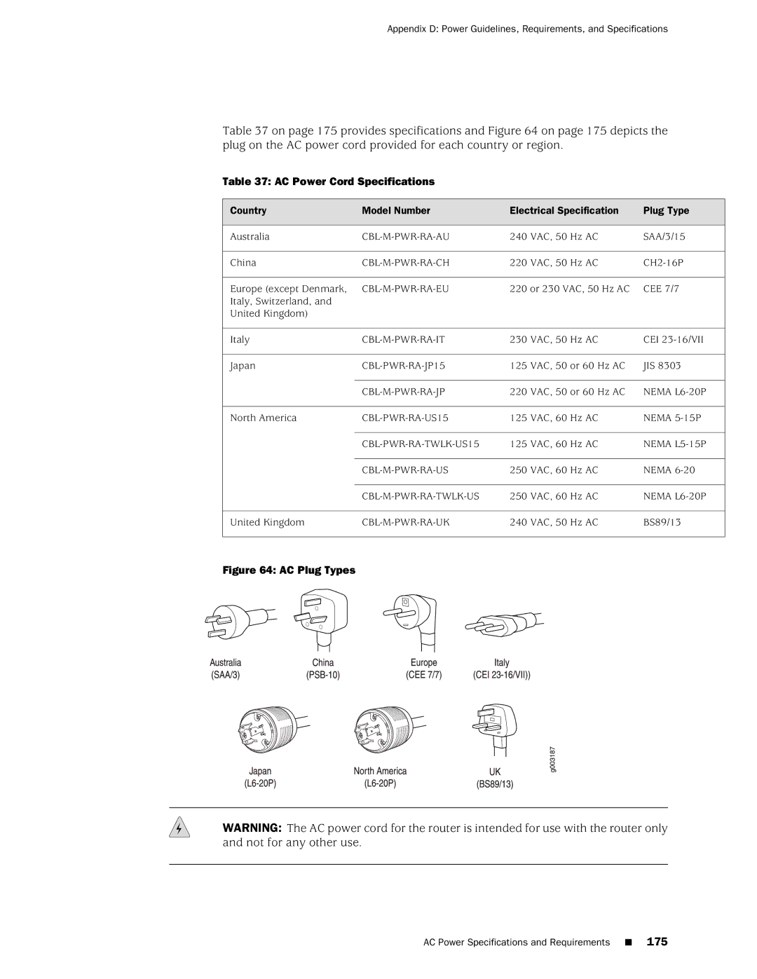 Juniper Networks MX240 manual AC Power Cord Specifications, AC Plug Types 