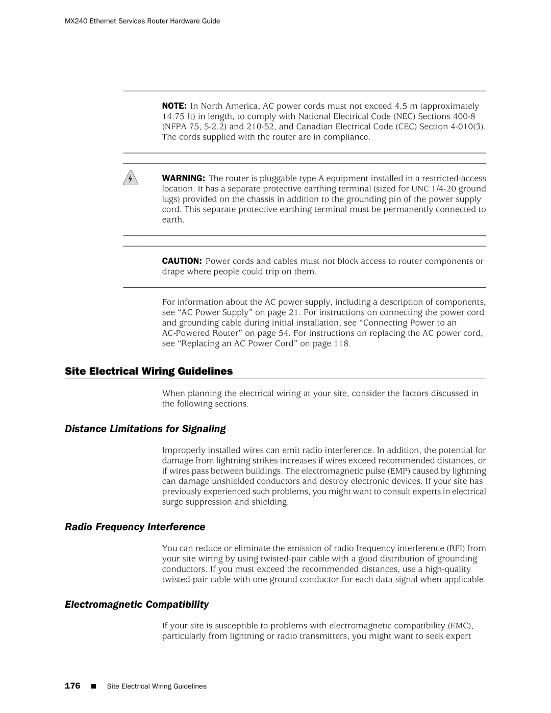 Juniper Networks MX240 Site Electrical Wiring Guidelines, Distance Limitations for Signaling, Radio Frequency Interference 