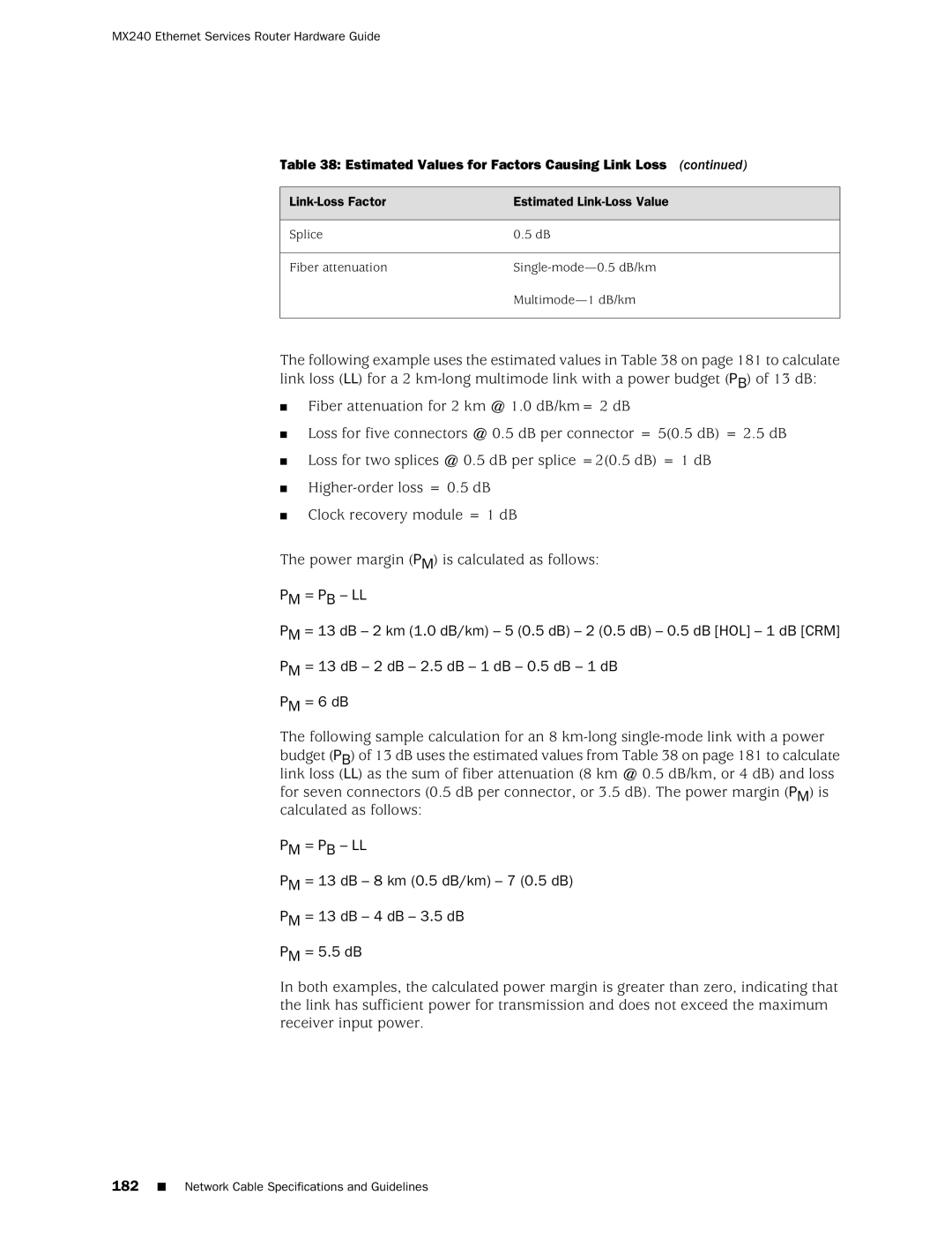 Juniper Networks MX240 manual Estimated Values for Factors Causing Link Loss 