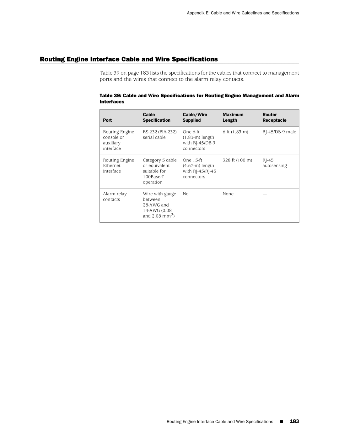 Juniper Networks MX240 manual Routing Engine Interface Cable and Wire Specifications 