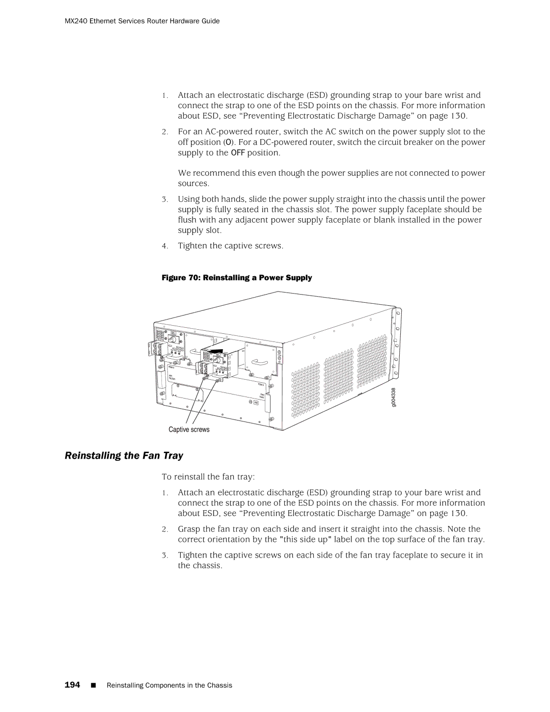 Juniper Networks MX240 manual Reinstalling the Fan Tray, To reinstall the fan tray 