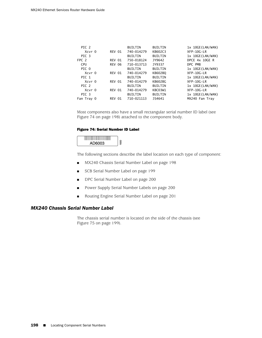 Juniper Networks manual MX240 Chassis Serial Number Label, On page 198 attached to the component body 