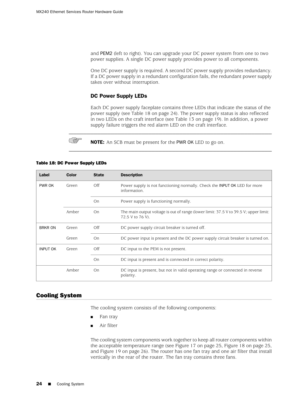 Juniper Networks MX240 manual Cooling System, DC Power Supply LEDs 