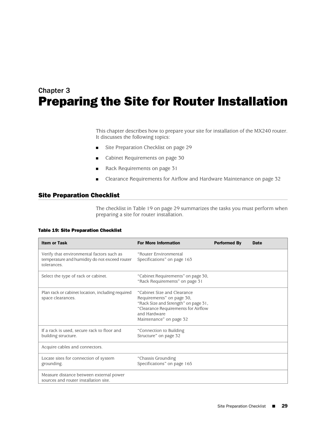 Juniper Networks MX240 manual Preparing the Site for Router Installation, Site Preparation Checklist 