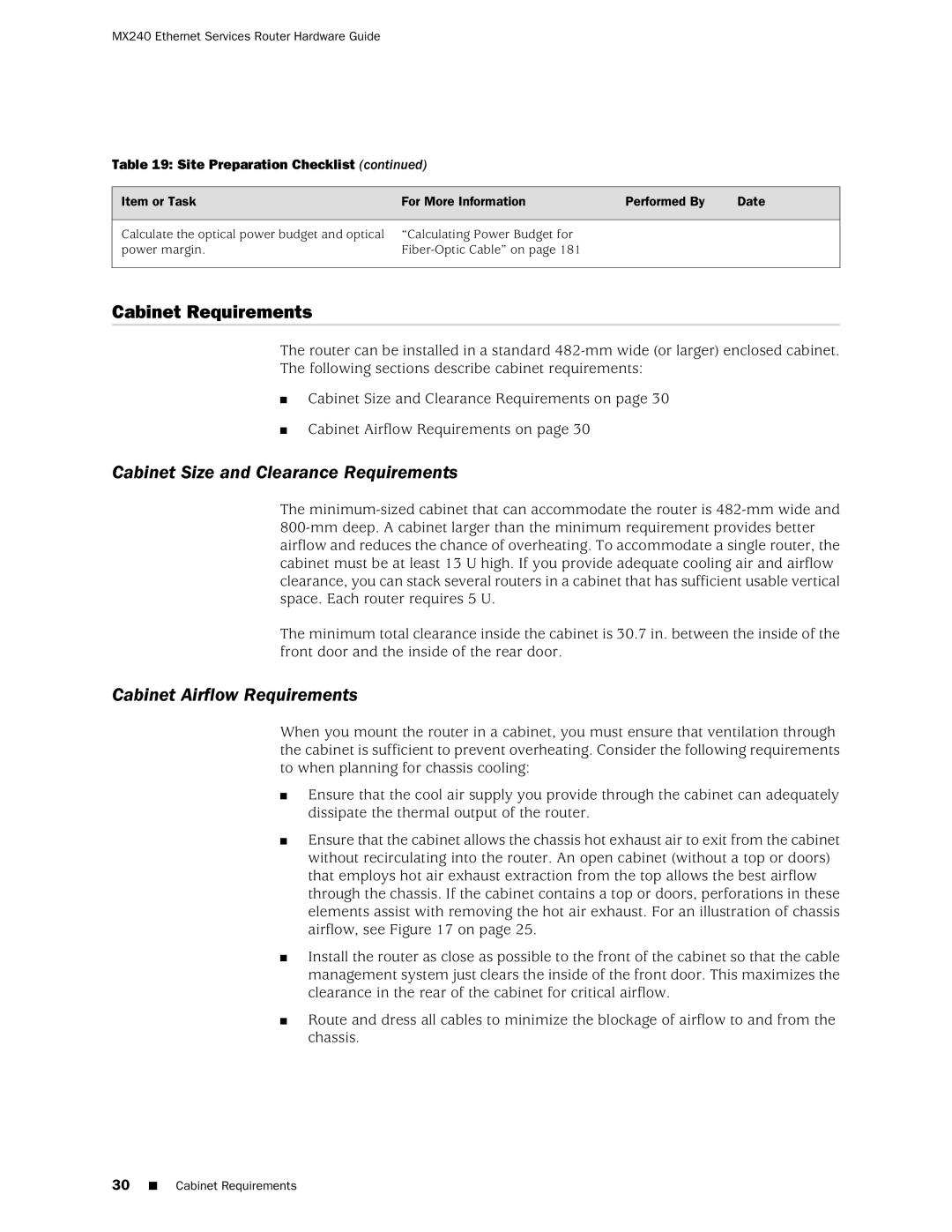 Juniper Networks MX240 manual Cabinet Requirements, Cabinet Size and Clearance Requirements, Cabinet Airflow Requirements 