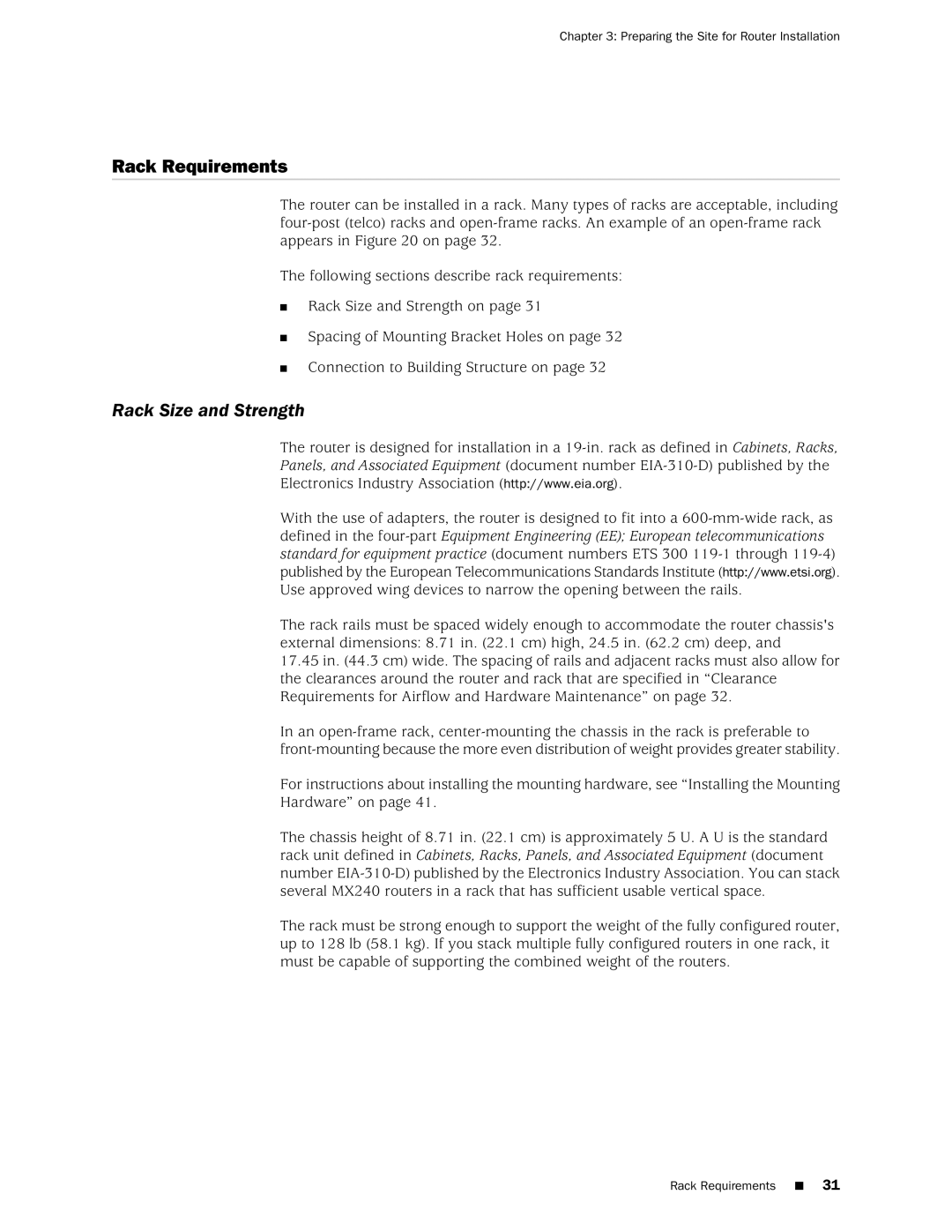 Juniper Networks MX240 manual Rack Requirements, Rack Size and Strength 