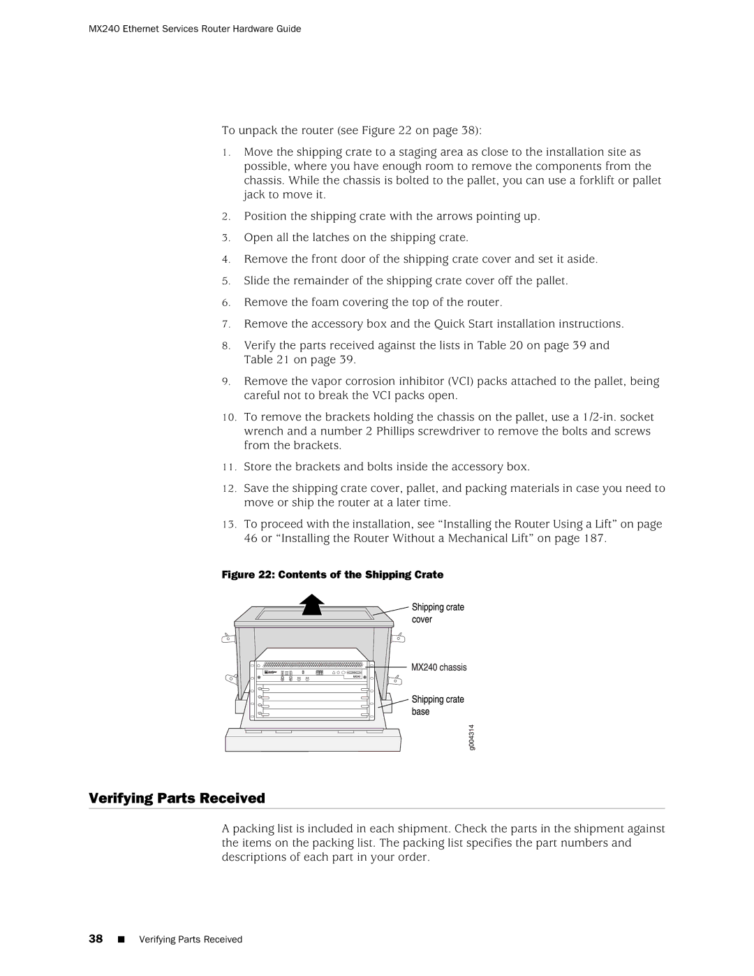 Juniper Networks MX240 manual Verifying Parts Received, Contents of the Shipping Crate 