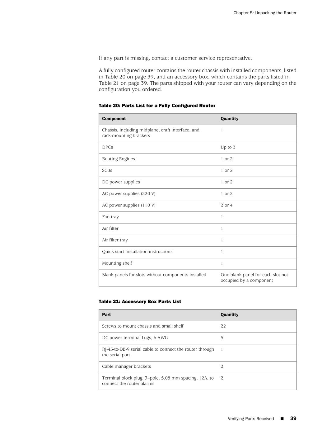 Juniper Networks MX240 manual Parts List for a Fully Configured Router, Accessory Box Parts List 