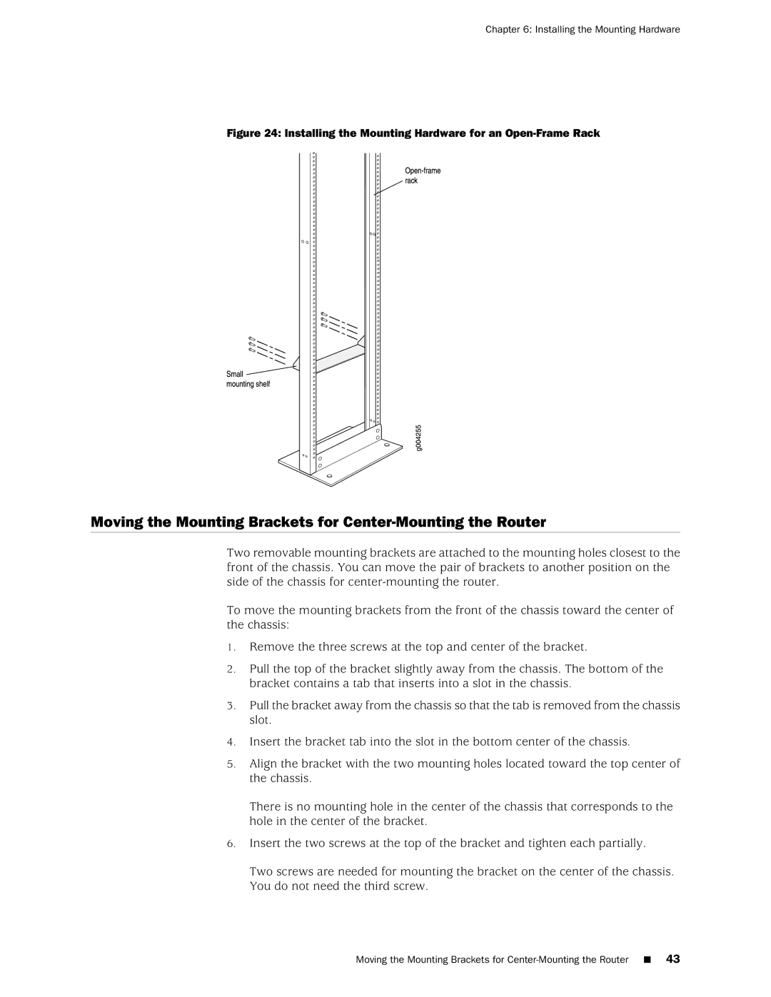 Juniper Networks MX240 manual Moving the Mounting Brackets for Center-Mounting the Router 