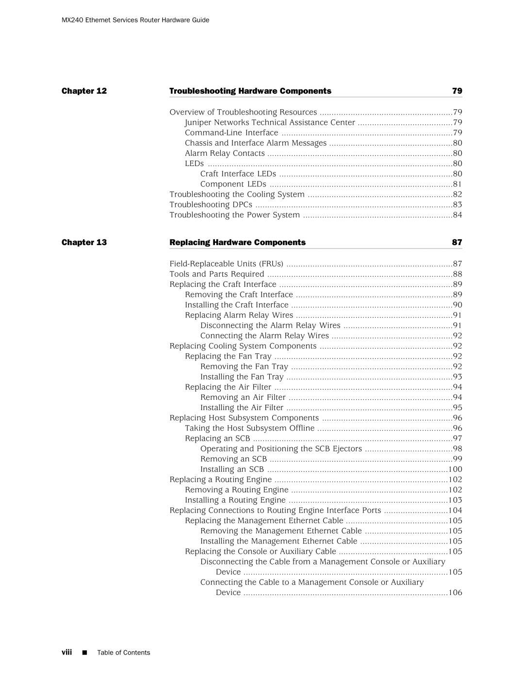 Juniper Networks MX240 manual 100, 102, 103, 104, 105, Connecting the Cable to a Management Console or Auxiliary, 106 