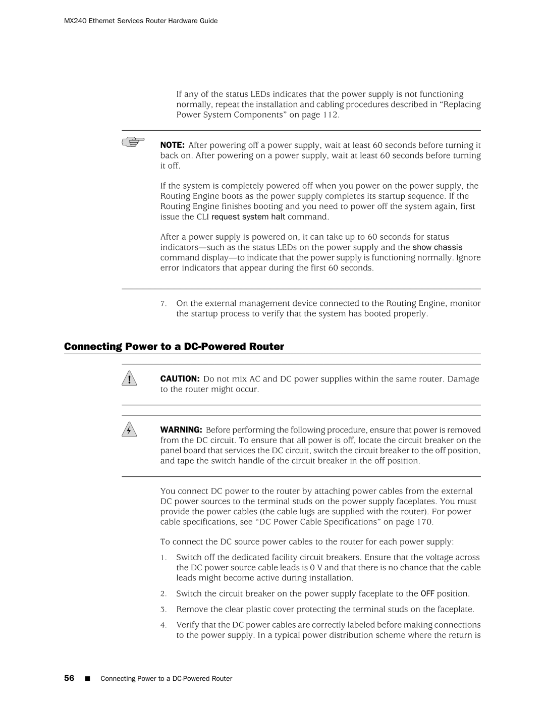 Juniper Networks MX240 manual Connecting Power to a DC-Powered Router 